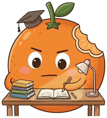 Il·lustracio d'una naranja amb birret estudiant en un taulell amb llibres i lampada, metafora de preparacio d'oposicions.