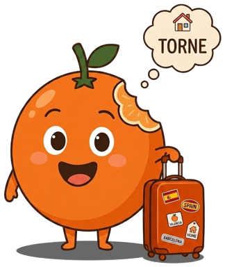 Il·lustracio d'una naranja amb maleta de viatge, pegatines de Valencia i Barcelona i desig de tornar a casa.