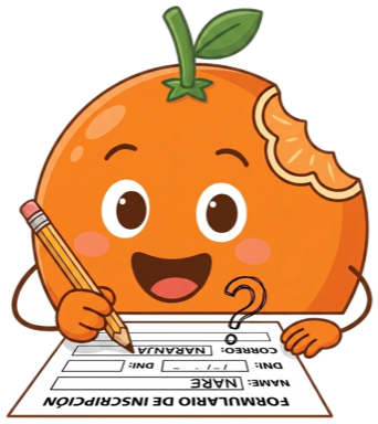 Il·lustracio d'una naranja omplint un formulari d'inscripcio amb llapis.